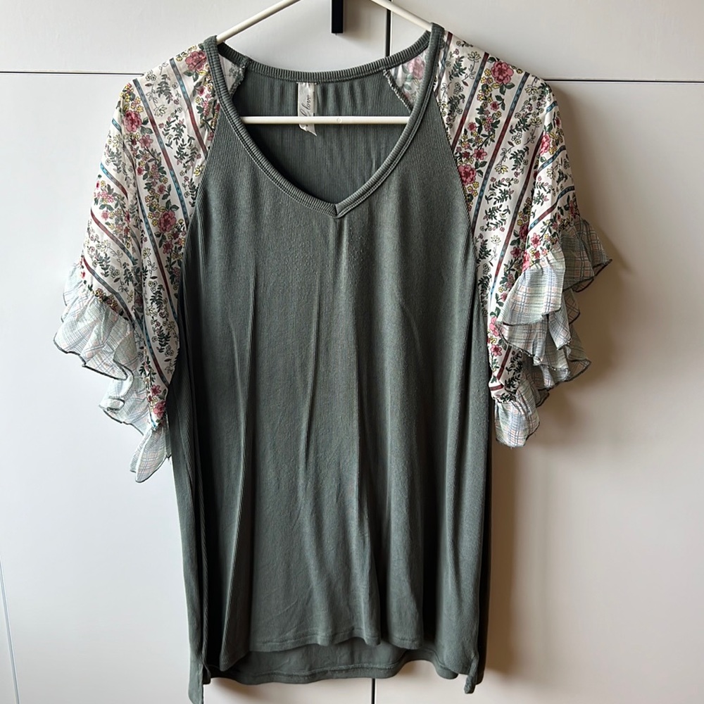 Sage green flutter sleeve shirt